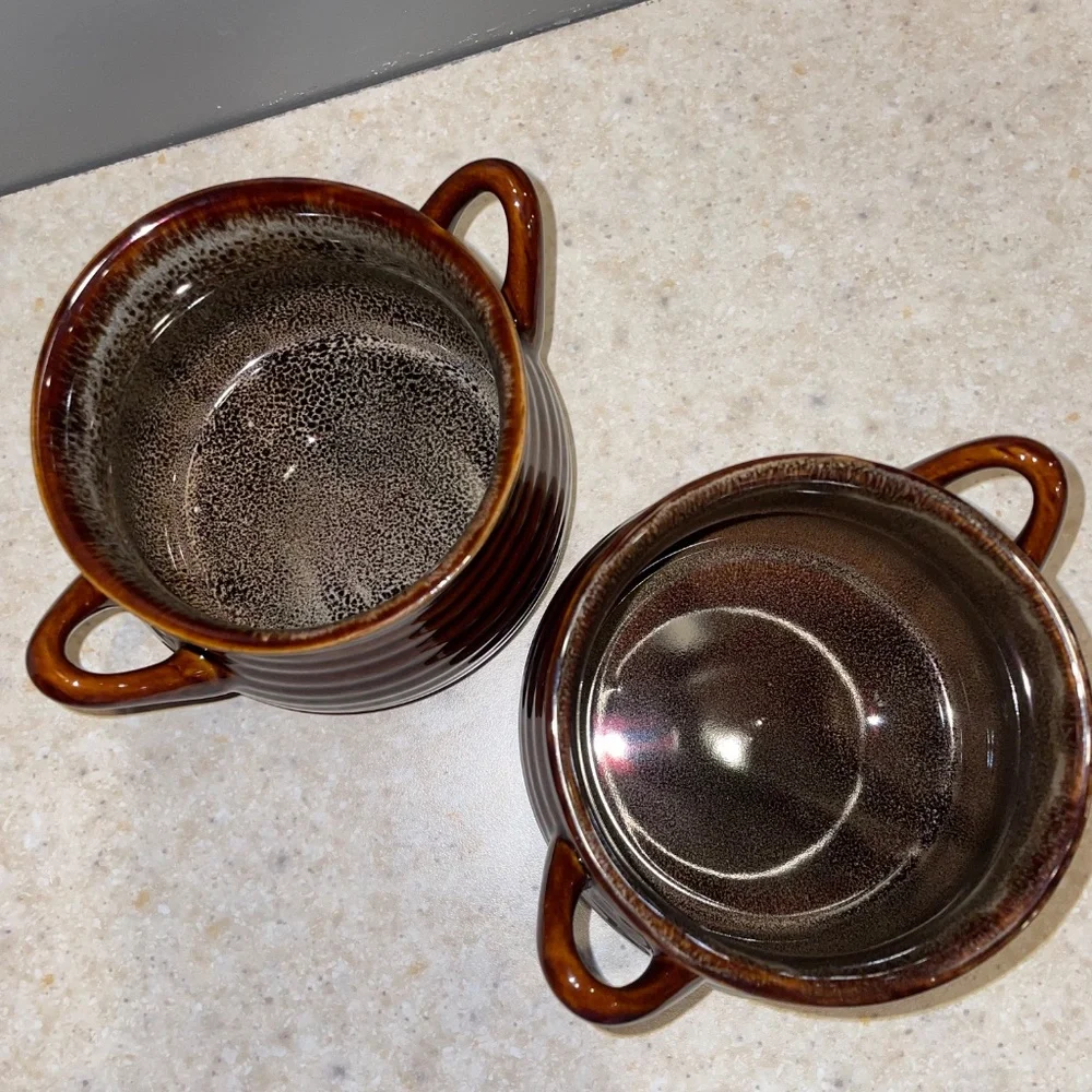 CRATE & BARREL Set of 2 Brunswick Stoneware Chili Soup Bowl Crock Brown Glazed